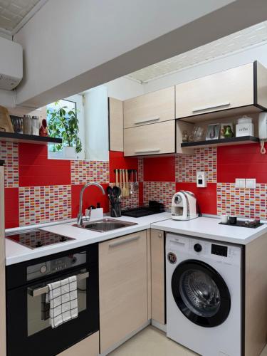 ヴァルナ・シティにあるDayanas Suiteのキッチン(洗濯機、シンク付)