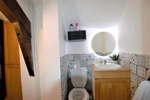 une salle de bain avec toilettes, lavabo et miroir dans l'établissement Studio gare Viotte et centre ville, à Besançon