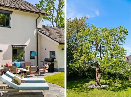 two pictures of a house and a tree at Luxurious family villa in a unique location in Djursholm