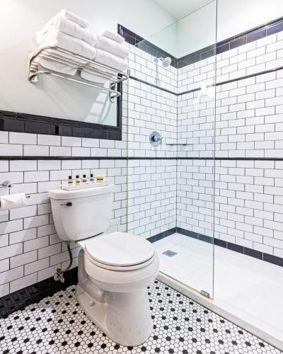 a white bathroom with a toilet and a shower at Hip Urban Loft - Small Town Charm - 124 LOFTS #1 in West Dundee