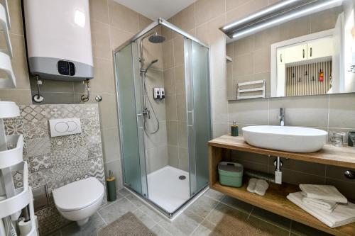 un bagno con doccia, lavandino e WC di House Bramado a Seliste Dreznicko