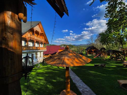 a umbrella in the yard of a house at Pensiunea Maramu in Breb
