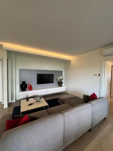 a living room with a couch and a tv at La Vita LakeView - Garden & Pool in Sarnico