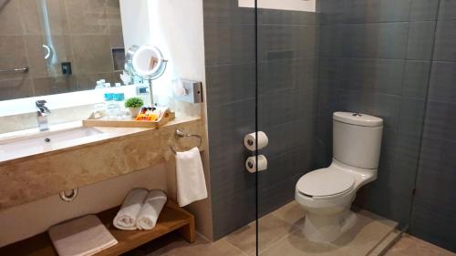a bathroom with a toilet and a sink and a shower at Hit Hoteles Aeropuerto Puebla in Huejotzingo