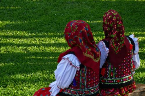 two people in traditional costumes sitting on the grass at Pensiunea Maramu in Breb
