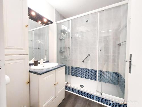 une salle de bain avec douche et lavabo dans l'établissement Bel appartement, 2 chambres, proche gare et centre ville, tout à pied, à Lisieux