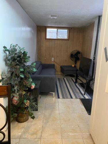 a living room with a blue couch and a tv at Peace and Comfort 1-bedroom basement Apartment in Brampton