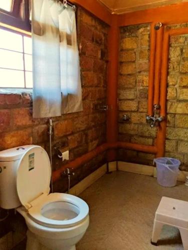 a bathroom with a toilet and a brick wall at Smoky Falls Mae Fi Resort in Cherrapunji