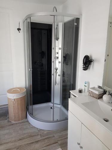 La salle de bains est pourvue d'une douche et d'un lavabo blanc. dans l'établissement Studio à 50M de la mer avec SPA, à Grandcamp-Maisy