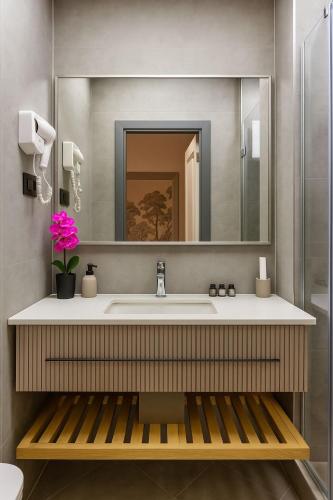 a bathroom with a sink and a mirror at Nizami Central Park Hotel in Baku