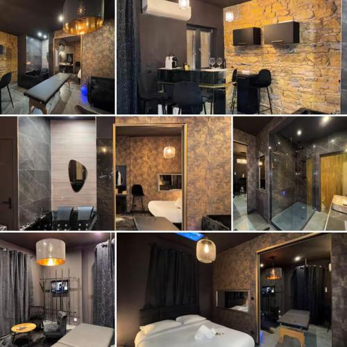 un collage de photos d'une chambre d'hôtel dans l'établissement love Room claire 1, à Lyon