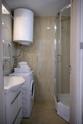 a bathroom with a washing machine and a shower at Apartments Danica in Petrovac na Moru
