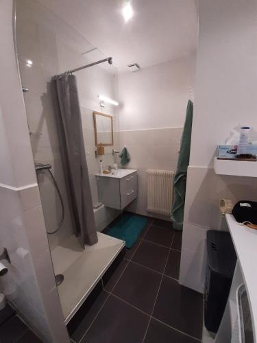 une salle de bain avec douche et lavabo dans l'établissement Belle maison Lila Jade avec superbe vue à 180 degrés piscine partagée, à Laroque-des-Albères