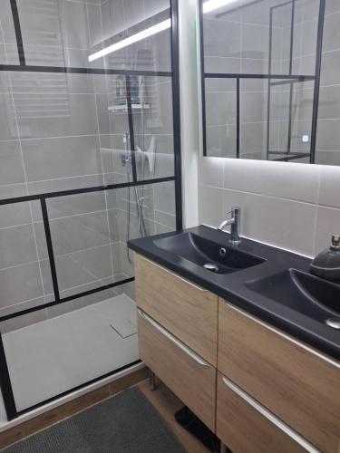 La salle de bains est pourvue d'un lavabo noir et d'une douche. dans l'établissement Belle chambre privée, à Toulouse