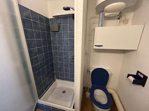 La salle de bains est pourvue d'une douche et de toilettes bleues. dans l'établissement NP200-89-11 2 pièces, Narbonne Plage, à Narbonne-Plage