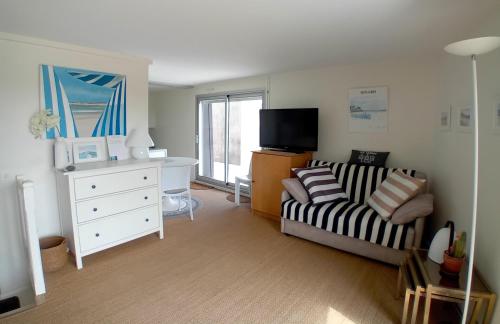 un salon avec un canapé et une télévision dans l'établissement Le Crystal-studio terrasse pleine vue mer, à Dinard