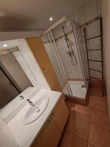 une petite salle de bain avec un lavabo et une douche dans l'établissement Face à la mer, au Barcarès