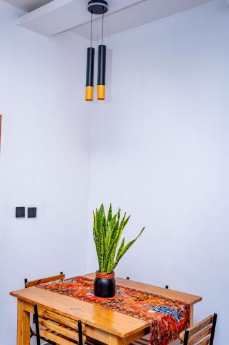 a dining room table with a potted plant on it at Valley View KK 191 in Kigali