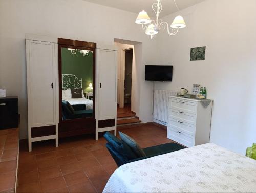 a bedroom with a bed and a dresser and a television at Podere San Filippo B&B-Apartment-Pet Friendly-Rent Bike and Bike Friendly in Bibbona