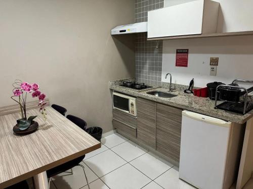 a small kitchen with a counter and a sink at Apartamentos Riviera Park in Caldas Novas