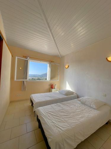 deux lits dans une chambre avec une fenêtre dans l'établissement Casetta Amandina Pinarellu, à Pinarellu