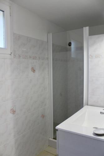 une salle de bain blanche avec une douche et un lavabo dans l'établissement Casetta Amandina Pinarellu, à Pinarellu