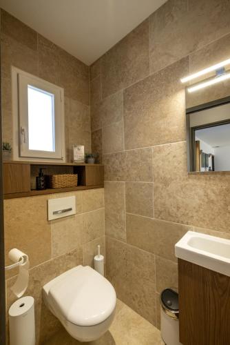 une salle de bain avec toilettes et lavabo dans l'établissement Villa Evasion -Luxe & Confort en Charente-Maritime, à Saint-Ciers-du-Taillon