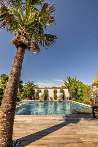 un palmier à côté d'une piscine dans l'établissement Villa Evasion -Luxe & Confort en Charente-Maritime, à Saint-Ciers-du-Taillon