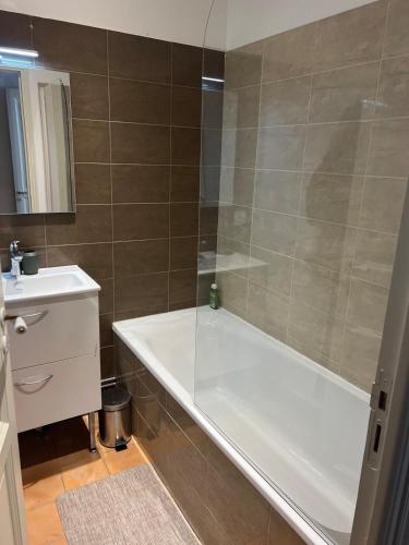 une salle de bain avec une baignoire et un lavabo dans l'établissement Beautiful F2 with large terrace & air conditioning, à Avignon