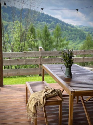 a wooden table with a potted plant on a deck at Przystanek 470 in Krościenko