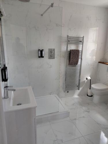 a white bathroom with a shower and a toilet at The White Hart Inn in Alfreton