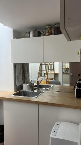 une cuisine avec un évier et un plan de travail dans l'établissement AU COEUR de Paris AU PIED de notre Dame Studio equipe salle de bains wc calme clair type cabine clim ascenseur, à Paris
