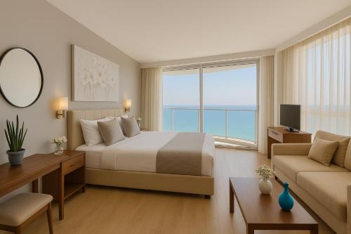 a hotel room with a bed and a large window at Prince Palace Hadera Beach Resort in H̱adera