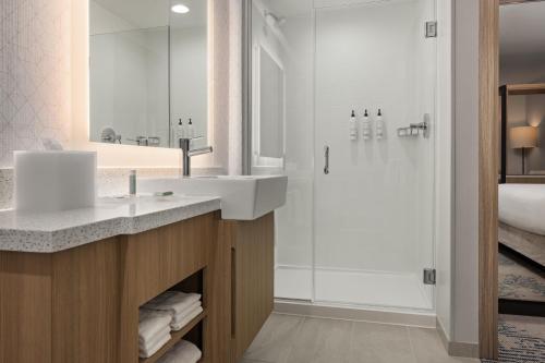 a bathroom with a sink and a shower at SpringHill Suites by Marriott Bettendorf in Bettendorf