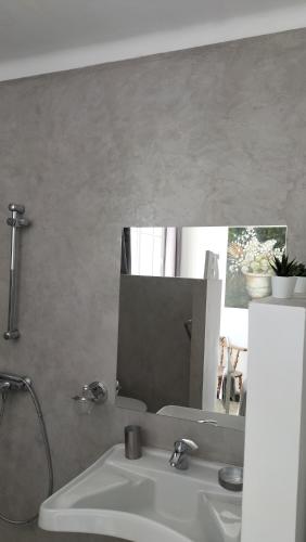 une salle de bain avec un lavabo et un miroir dans l'établissement Escale vélo La petite Reine, à Cavaillon