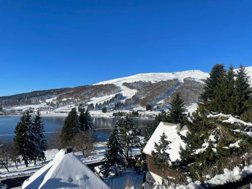 Une montagne enneigée avec une ville et un lac dans l'établissement Chalet montagnard avec balcon, proche piste et centre - FR-1-814-77, à Besse-et-Saint-Anastaise