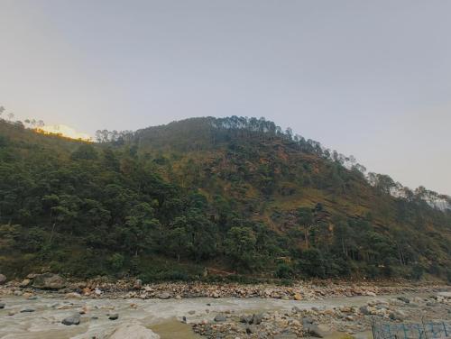 a hill with trees on it next to a river at Ganga Kinaare in Uttarkāshi