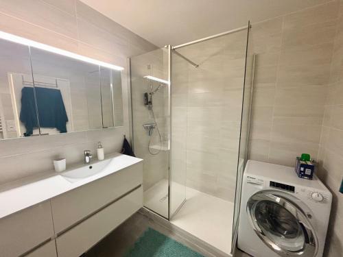 une salle de bain avec une machine à laver et un lave-linge dans l'établissement Grand T3 tout équipé au cœur du village, à Saint-Mandrier-sur-Mer