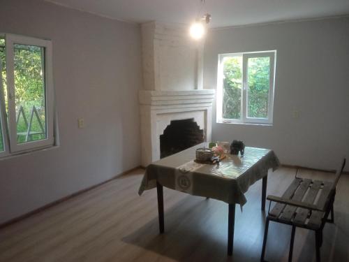a living room with a table and a fireplace at Guest house with two rooms in Zugdidi