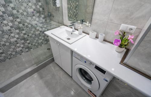 a bathroom with a washing machine and a sink at GVC New Gudauri Twins 413 Mountain View in Gudauri