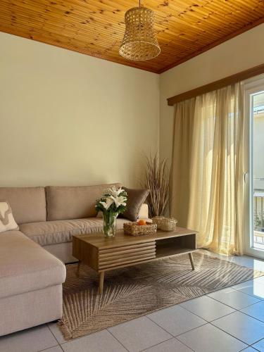 a living room with a couch and a coffee table at Louloudi Apartment in Tsilivi
