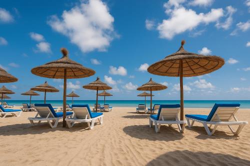a group of chairs and umbrellas on a beach at Sousse Pearl Marriott Resort & Spa in Sousse