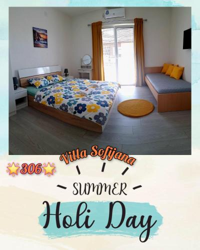 a bedroom with a bed with the words hello summer holiday at Villa Sofijana in Ohrid