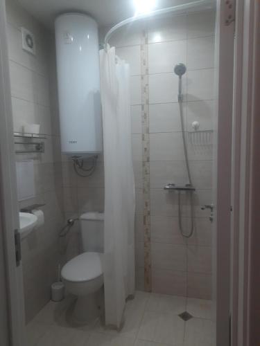 a bathroom with a toilet and a shower at На море в Сарафово in Burgas City