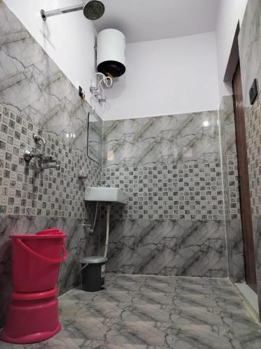 a bathroom with a red toilet and a sink at Hotel Grand View in Barkot
