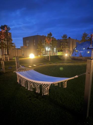 a ping pong table in the grass at night at Mano Jūra - apartamentų nuoma Mano Jūra 3 kvartale in Palanga