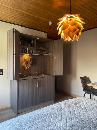 a kitchen with a sink and a chandelier at Waldhof Hochsauerland in Medebach