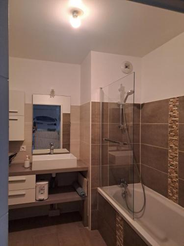 une salle de bain avec une douche, un lavabo et une baignoire dans l'établissement Appartement spacieux, à Villeneuve-Loubet