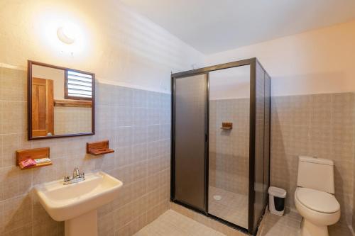 a bathroom with a sink and a toilet and a mirror at Hotel El Perico Marinero in Río Lagartos