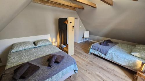 a bedroom with two beds in a attic at Gîte Lou Clapas in Salles-la-Source